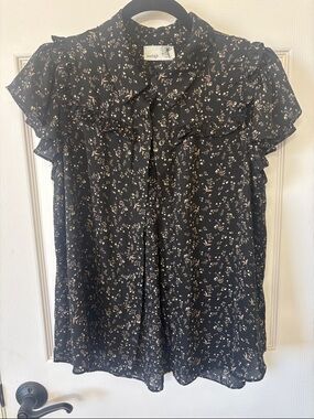 everleigh Black Floral Tie-Neck Ruffle Sleeve Top